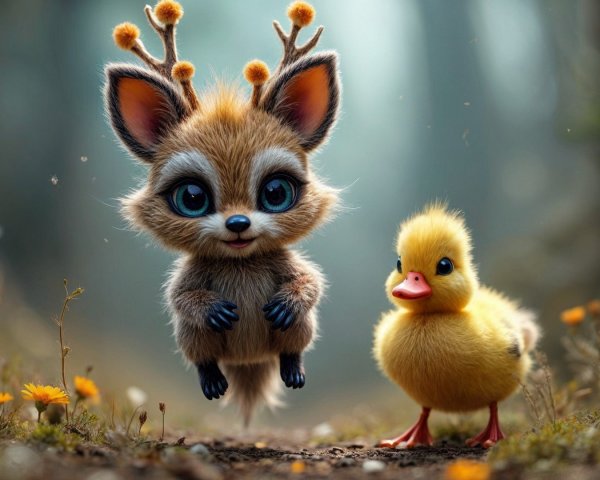 Whimsical Forest Scene with Fluffy Creature and Duckling