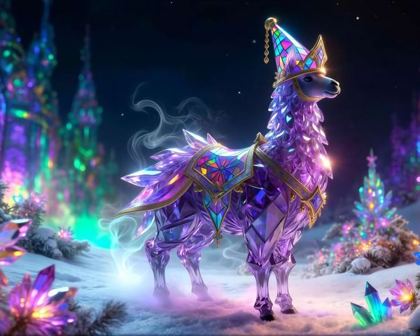 Crystal Llama in a Magical Winter Wonderland Scene