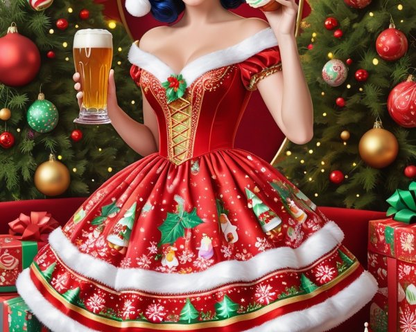 Festive Scene with Woman in Red Christmas Dress