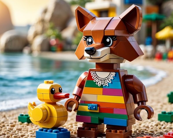 Lego Scene Featuring Fox in Rainbow Dress on Beach