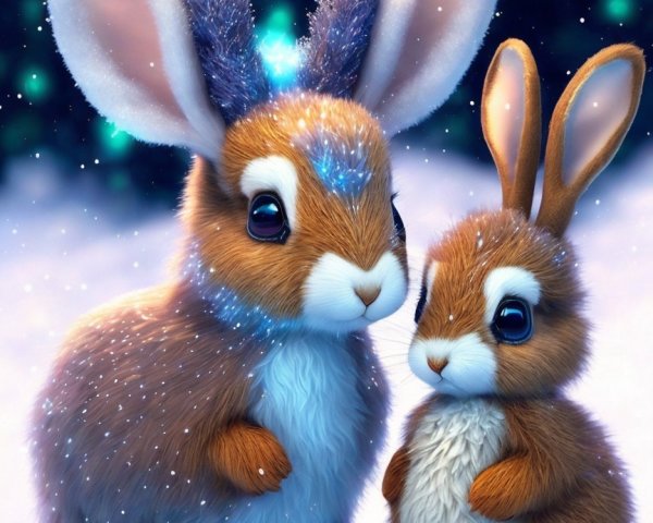 Fluffy Rabbits in a Serene Winter Wonderland Scene