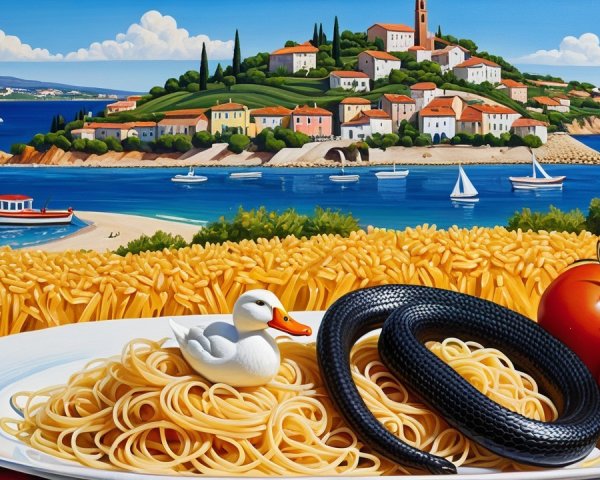 Vibrant Island Landscape with Whimsical Spaghetti Scene