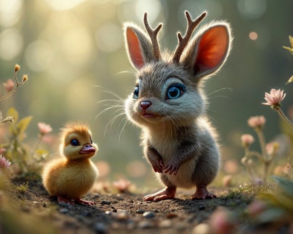 Whimsical Forest Scene with Rabbit-like Creature and Duckling