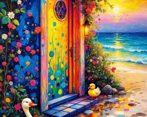 Colorful Door and Ducks at Sunset by the Ocean