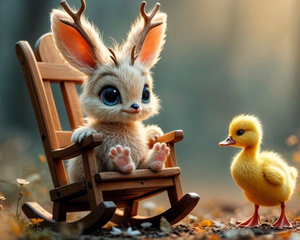 Fluffy Creature and Duckling in Flower Field Scene