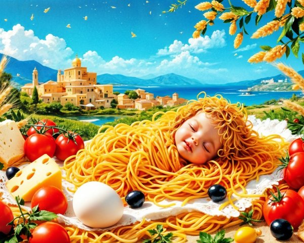 Baby in Spaghetti Nest Surrounded by Italian Ingredients