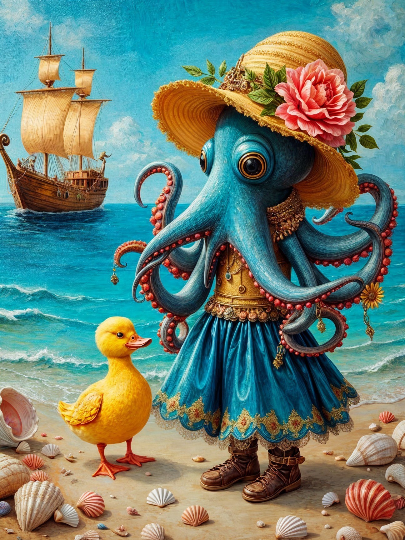 Whimsical Octopus in Dress on Beach with Duckling