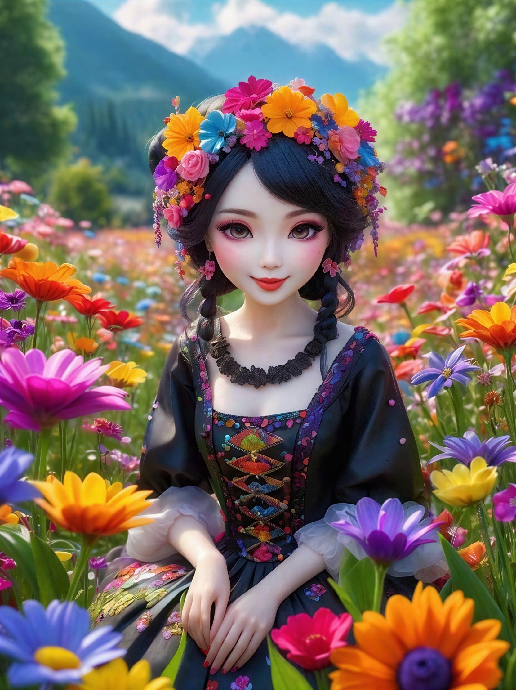 Portrait of a Young Woman in a Colorful Floral Setting