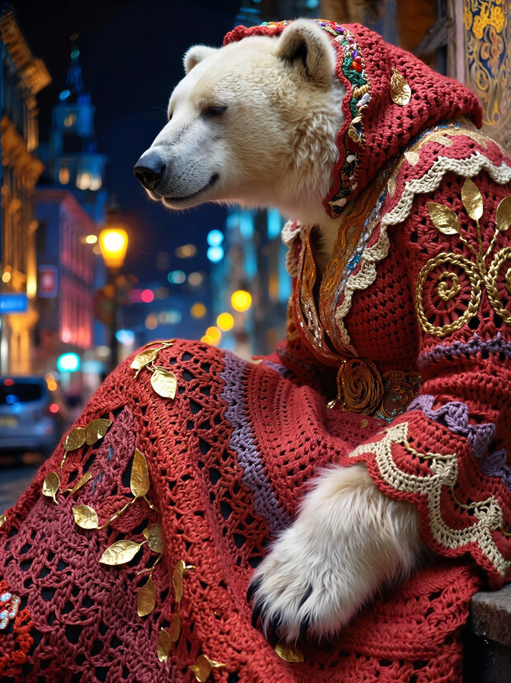 Cream-Furred Bear in Ornate Cape at Night Outdoors