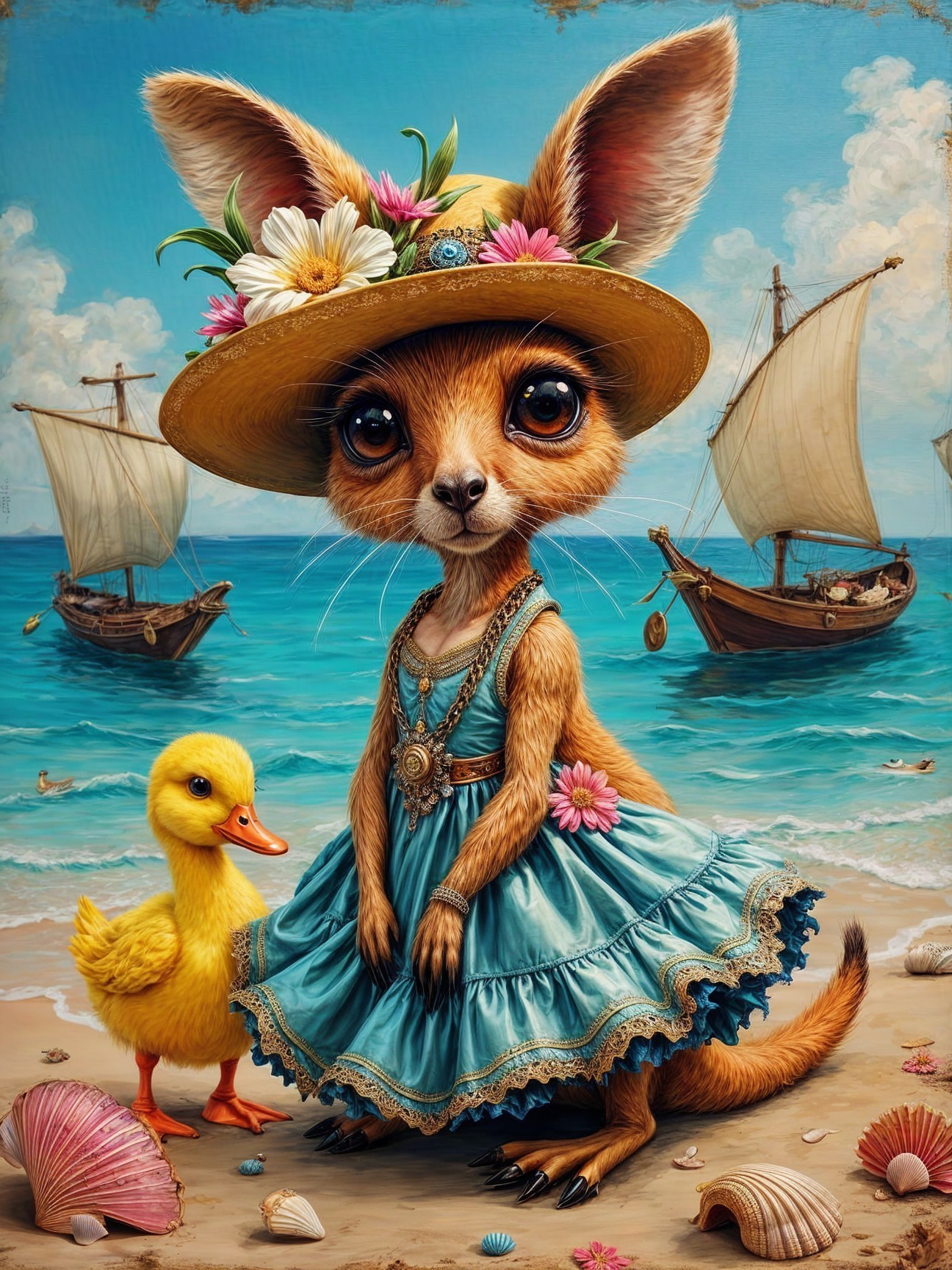 Kangaroo in Dress and Duck by Serene Beach Scene