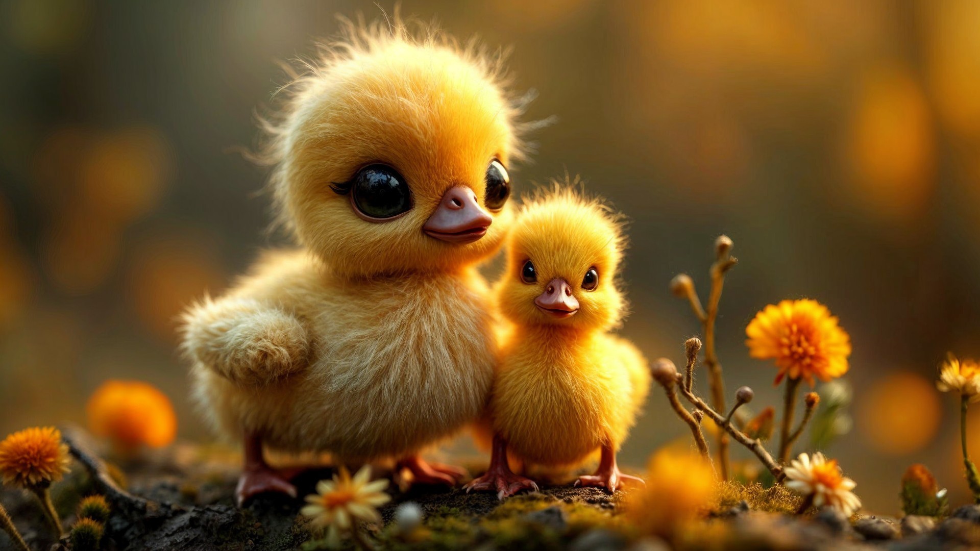 Fluffy Yellow Ducklings in a Flower Field