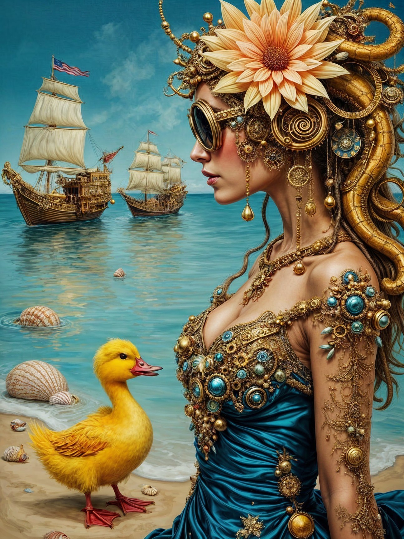 Woman in Blue Dress with Duck and Ships at Ocean Shore