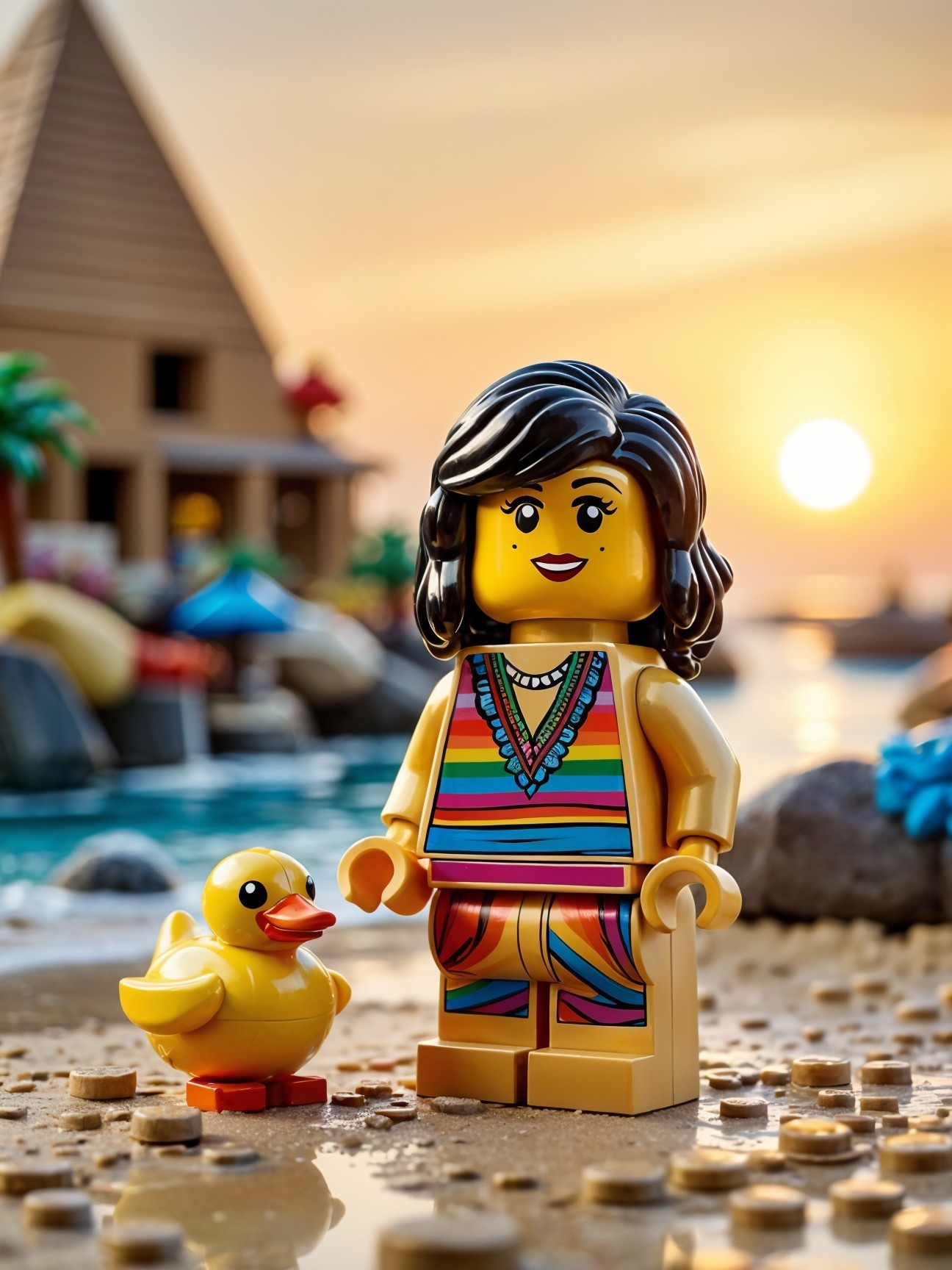 Vibrant LEGO Scene with Sunset and Cheerful Figure