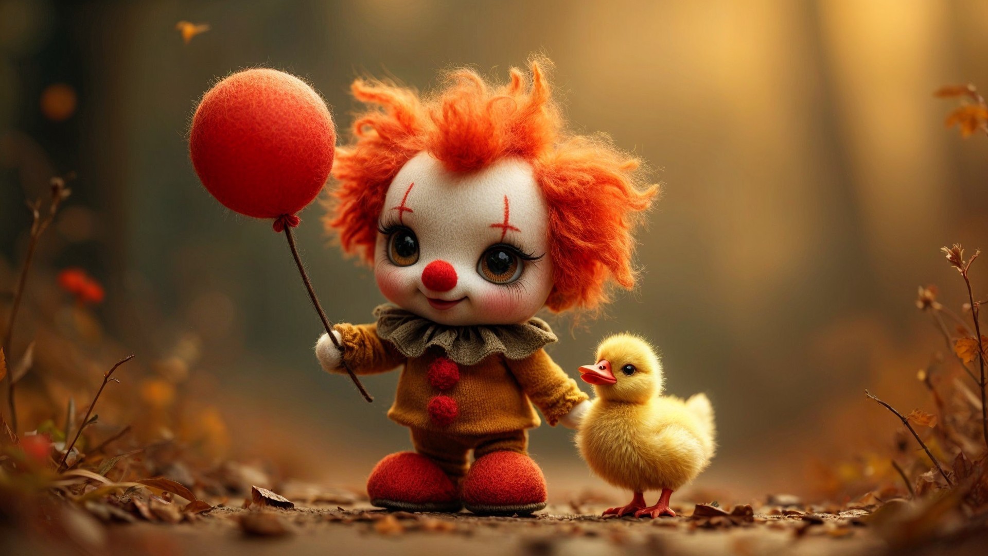 Whimsical clown doll and duckling in autumn setting