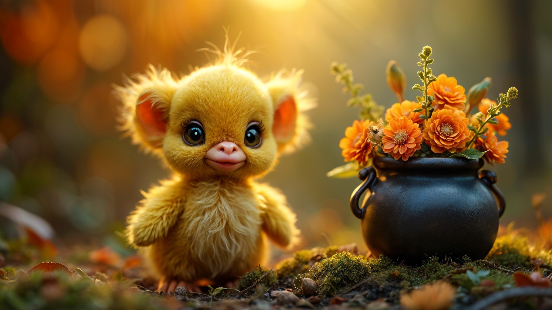 Whimsical Yellow Creature Beside Orange Flowers
