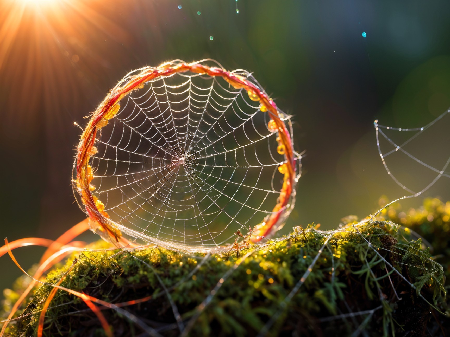 Dreamcatcher on Moss with Sunlight and Dewdrops