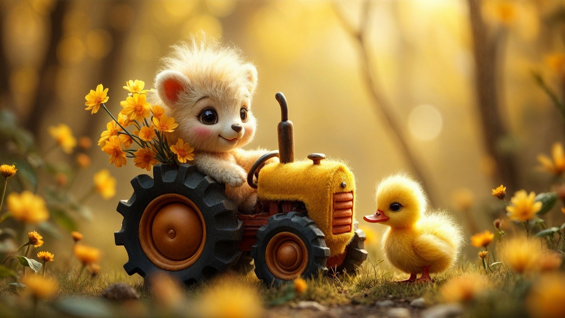 Fluffy lion cub on orange tractor with flowers