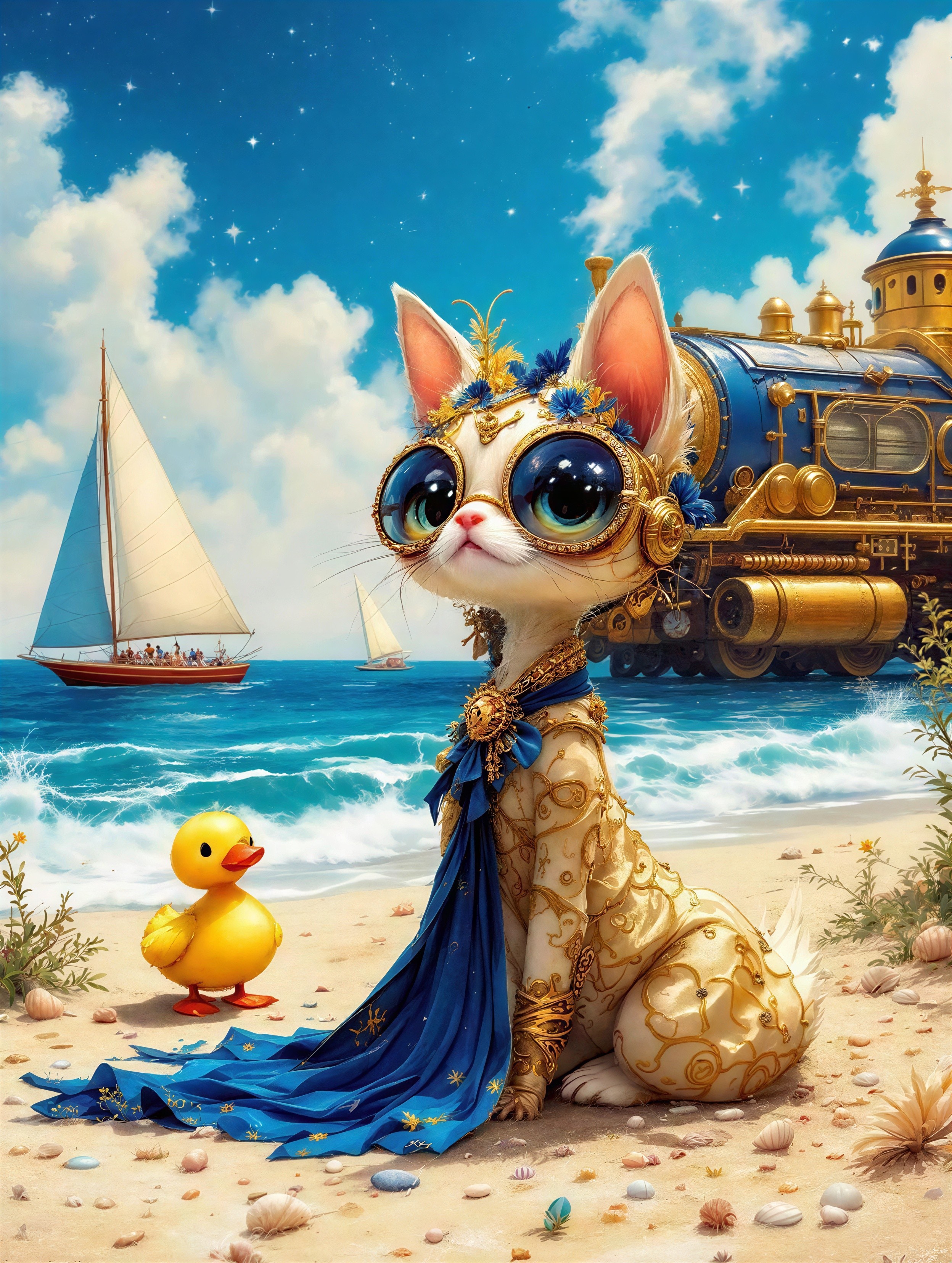 Futuristic White Cat with Gold and Blue Decorations