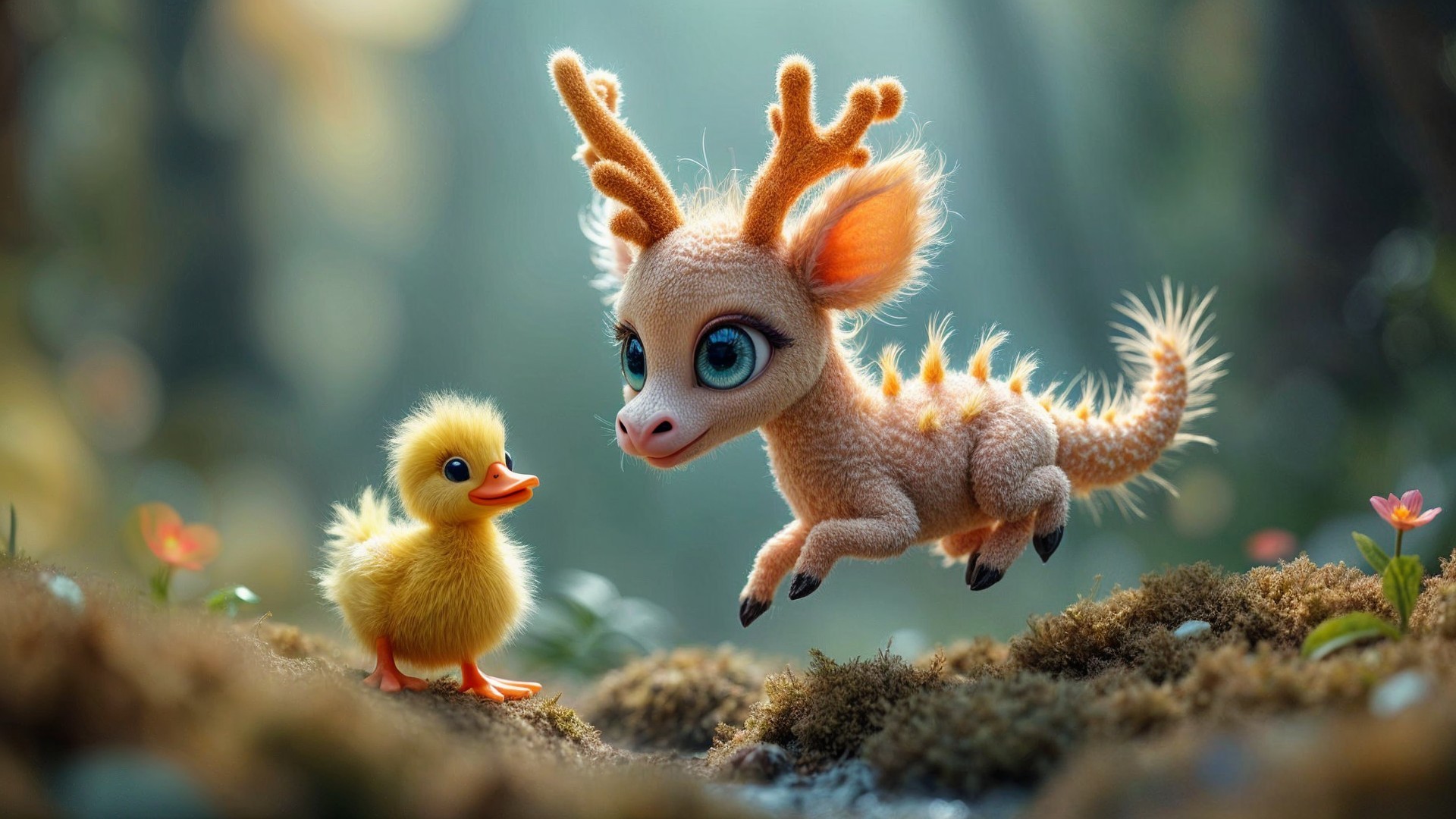 Whimsical Forest Scene with Fuzzy Creature and Duckling