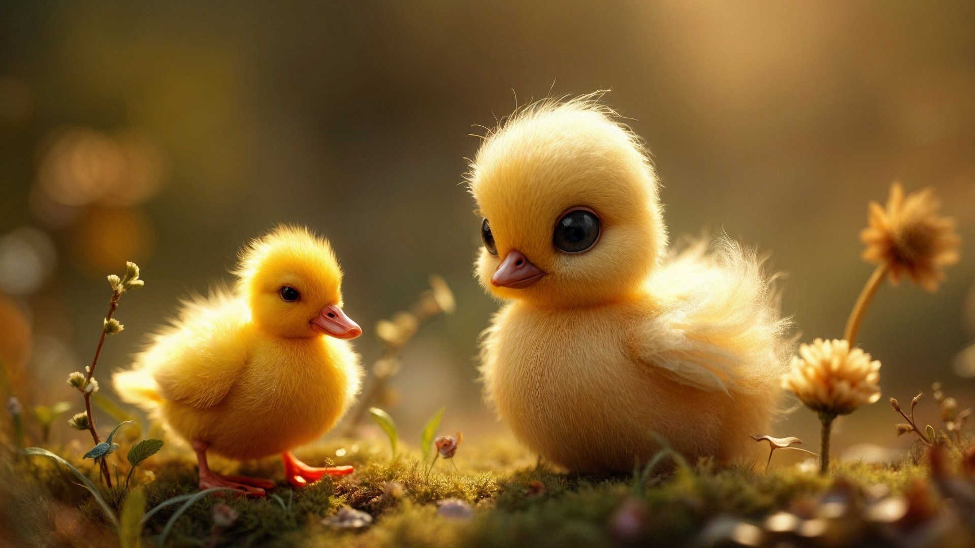 Fluffy Yellow Ducklings in Mossy Green Setting