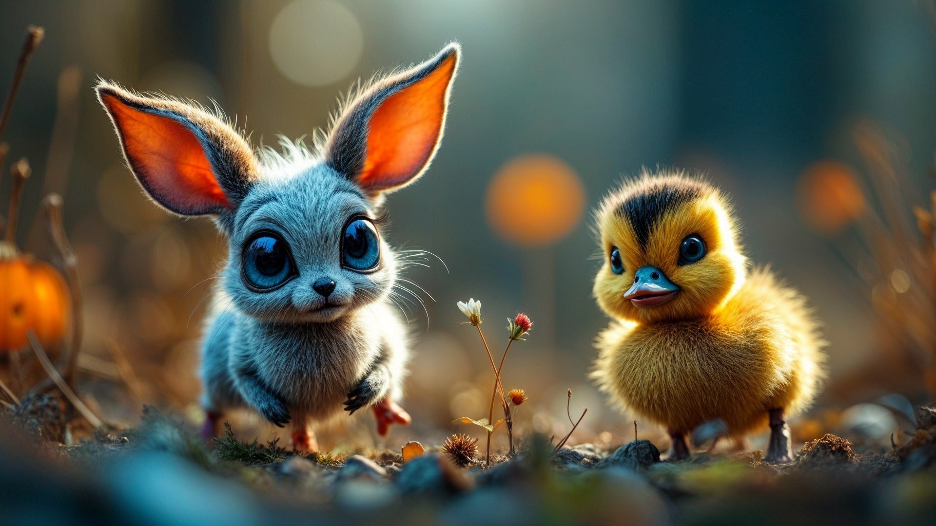Cartoon Rabbit and Duckling in a Cheerful Scene