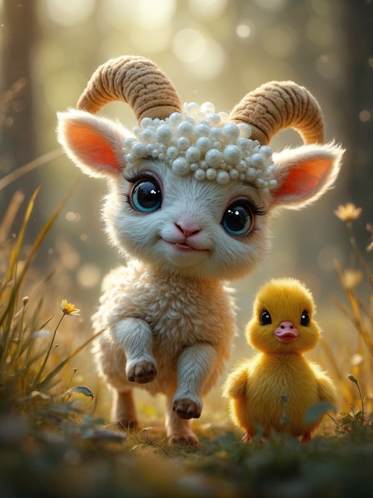 Animated Baby Goat and Duckling in Sunlit Meadow