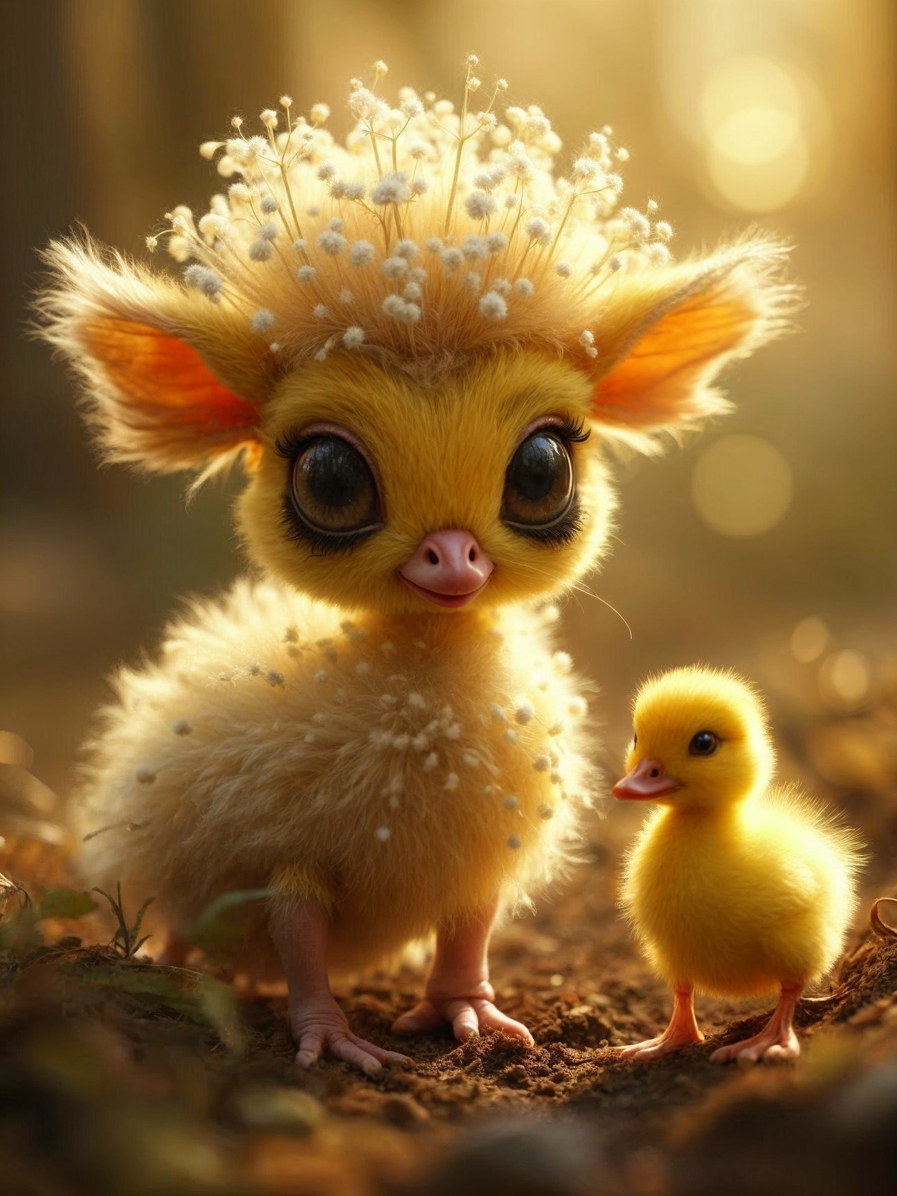Whimsical Scene of a Fluffy Creature and Duckling