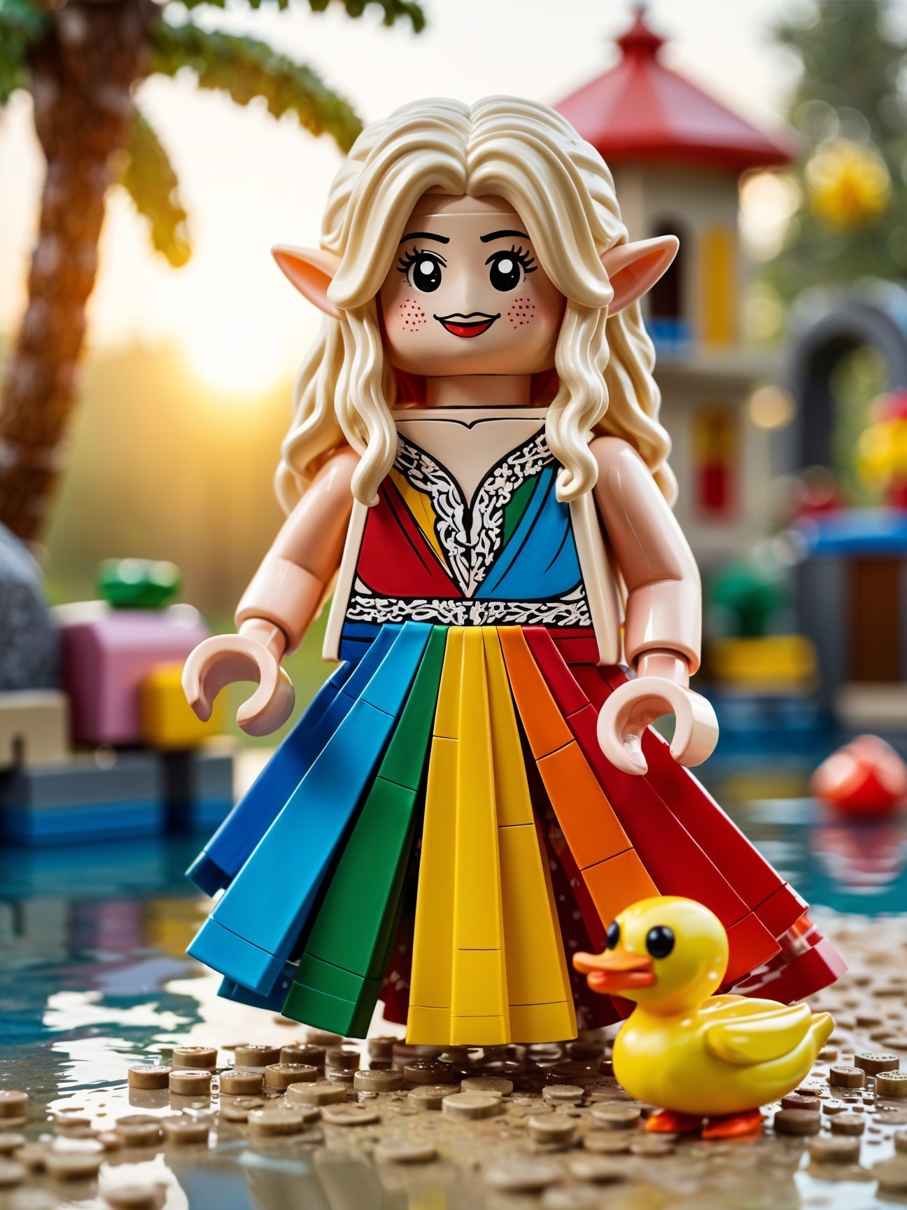 Lego Elf Figure by a Shimmering Pond with Duck