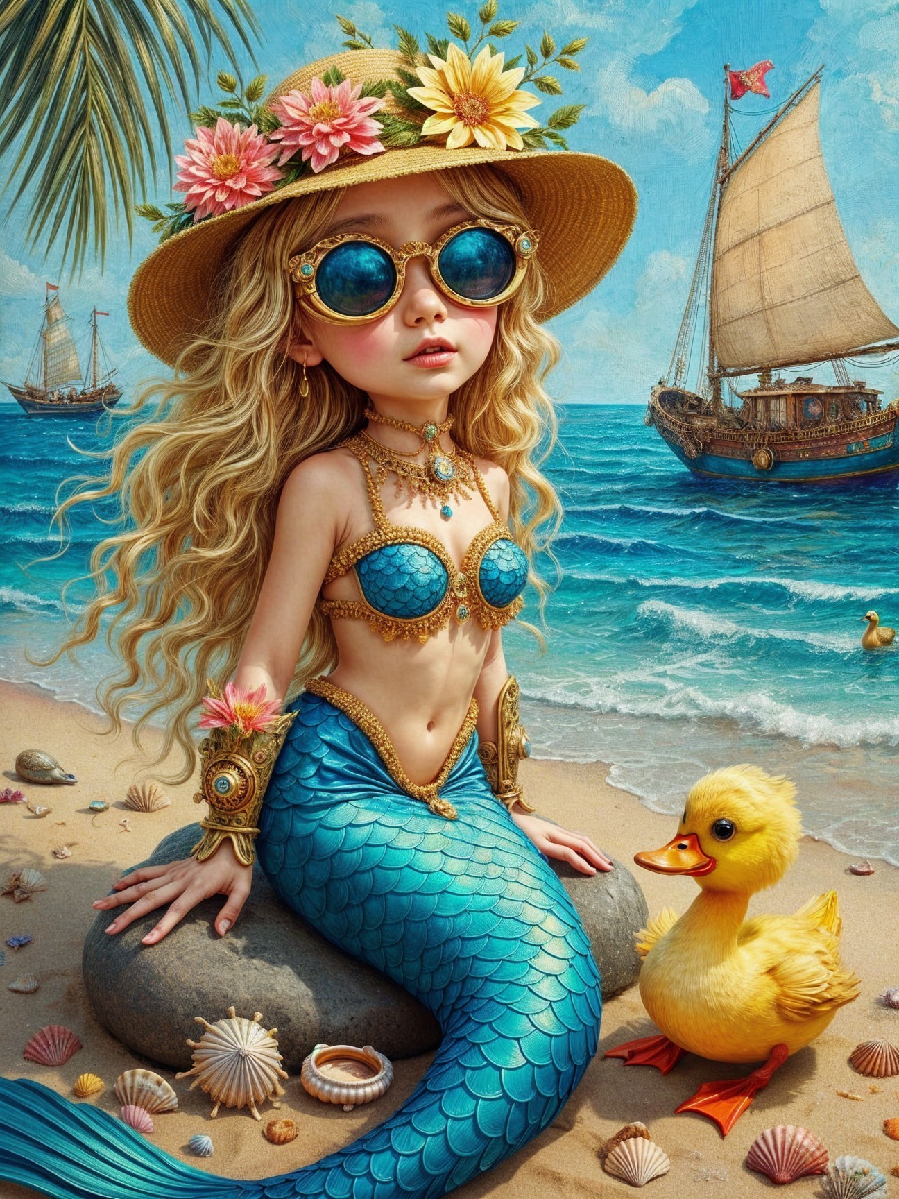 Whimsical Mermaid with Duckling on Sandy Beach
