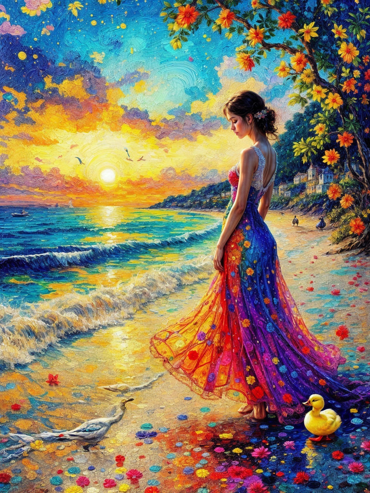 Vibrant Sunset Over Serene Beach with Floral Elements