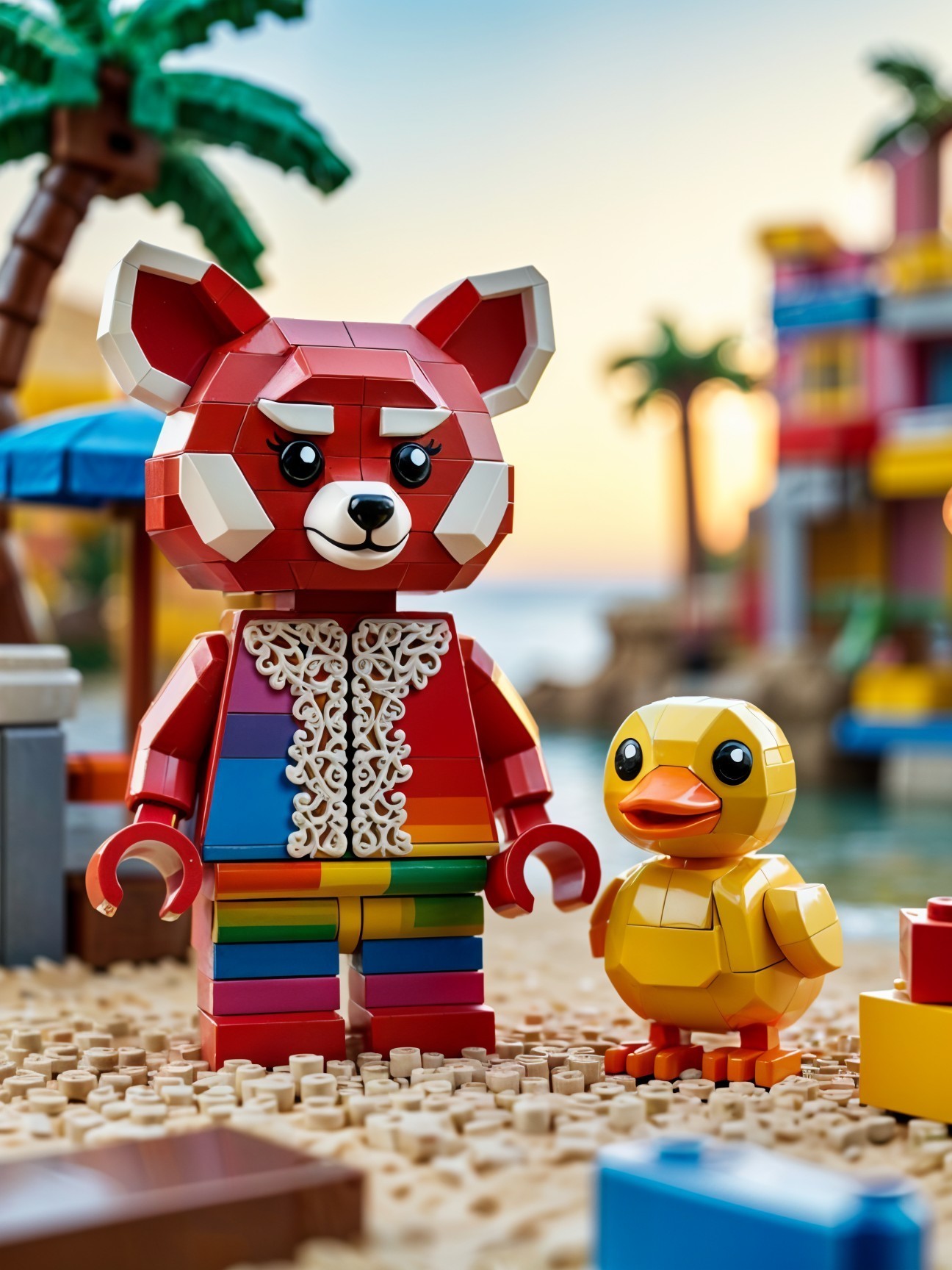 LEGO Red Panda and Duck in Vibrant Beach Scene