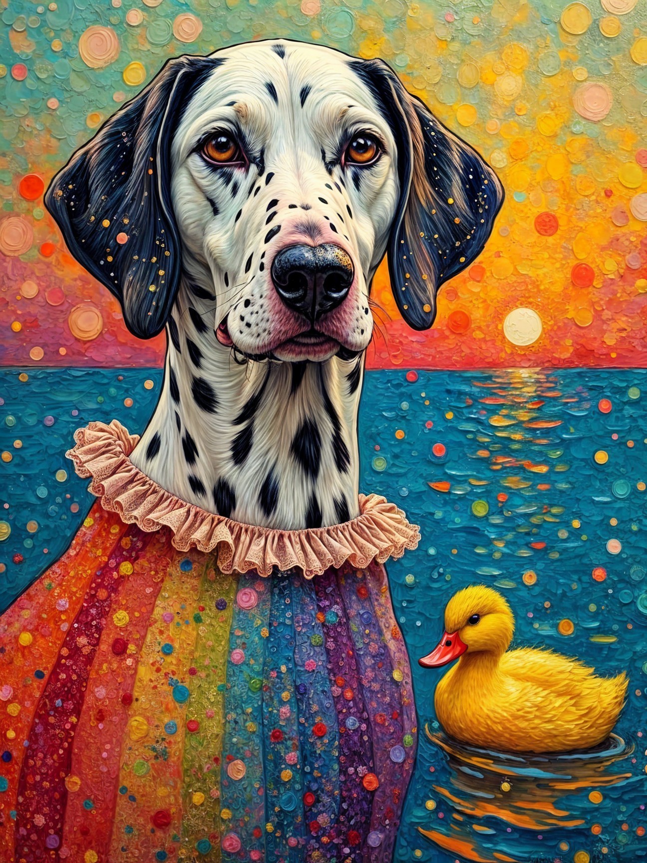 Dalmatian in Rainbow Sweater with Rubber Duck at Sunset