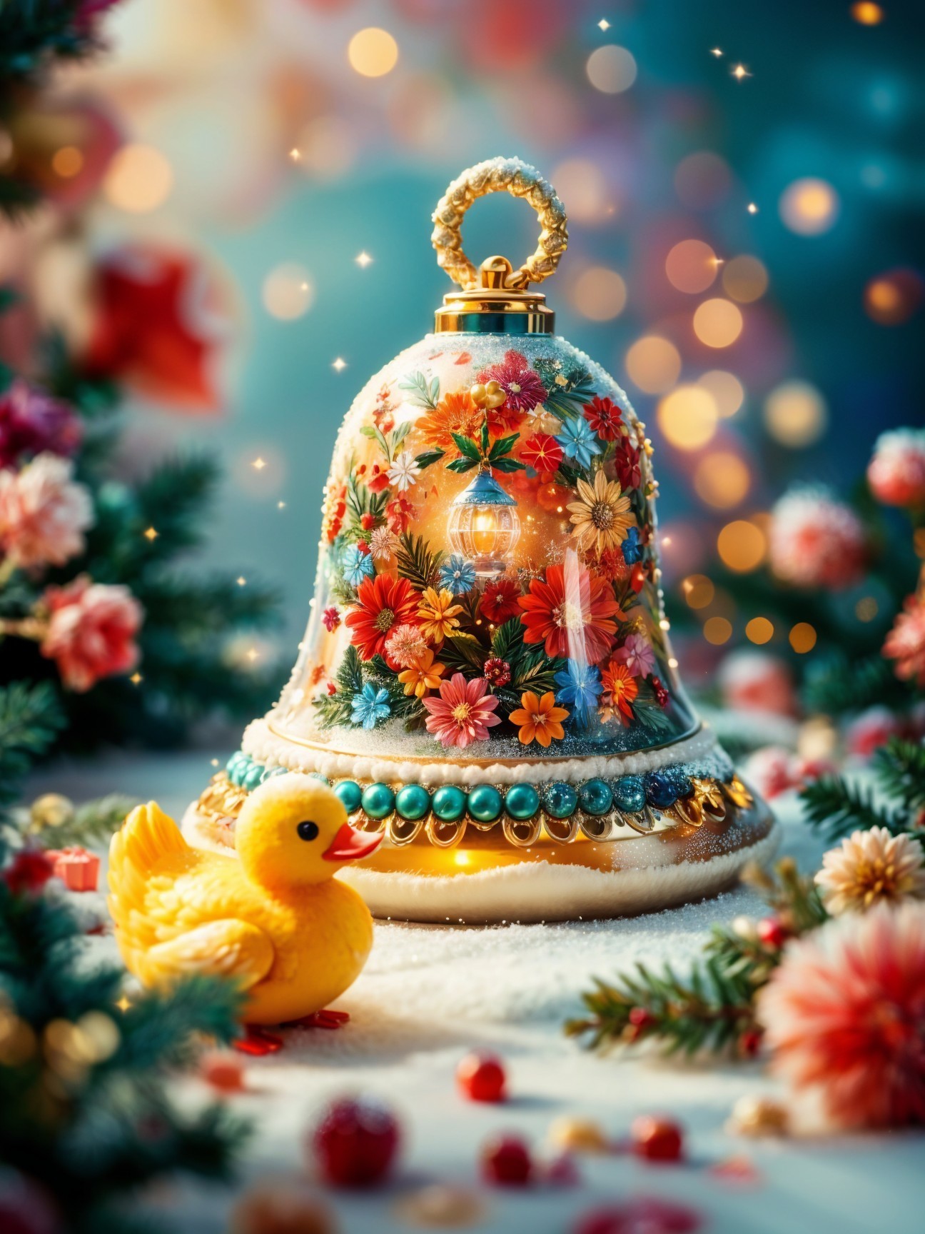 Decorative Glass Bell with Flowers in Snowy Setting