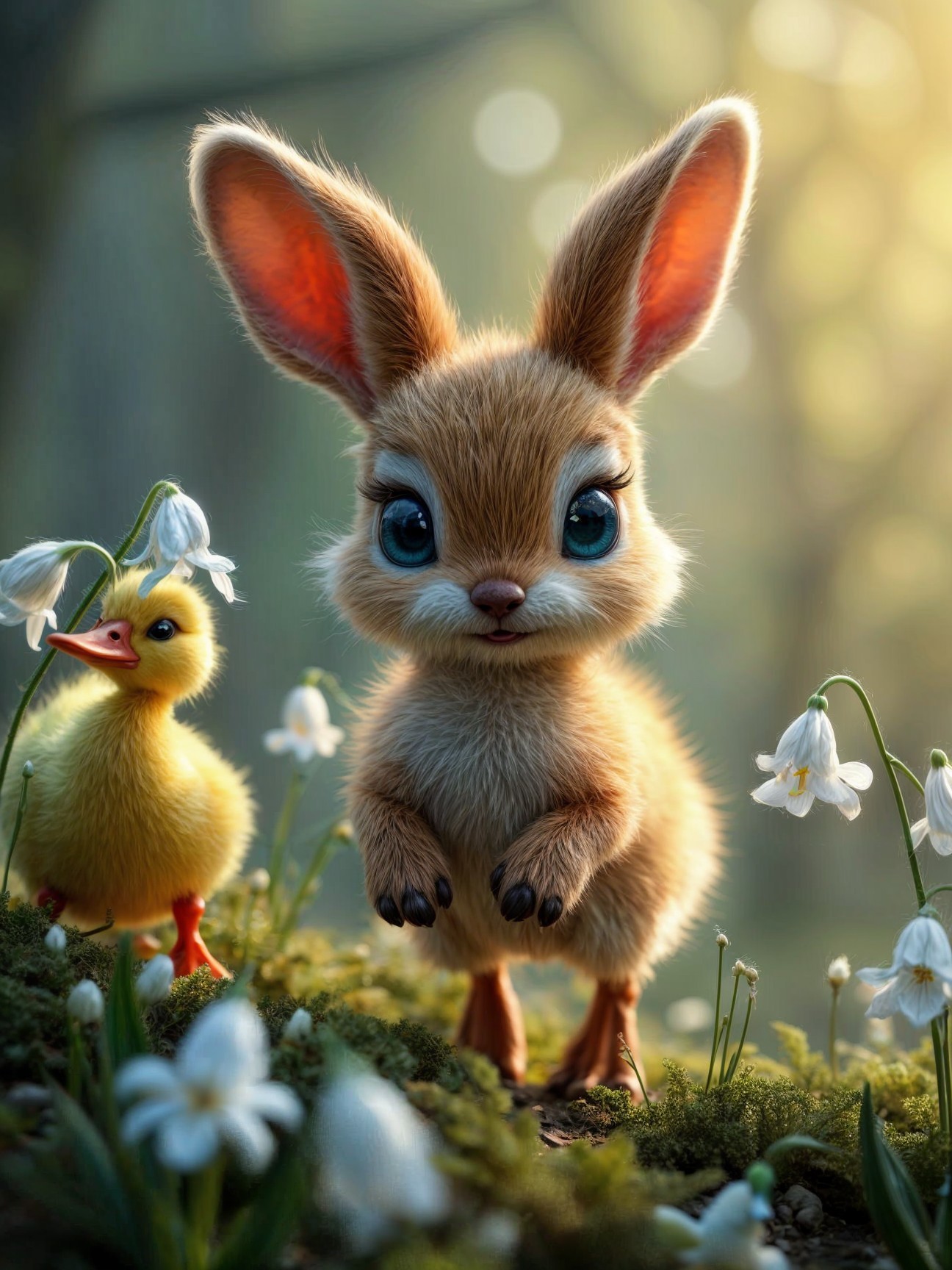 Fluffy Rabbit and Duckling in a Sunlit Forest