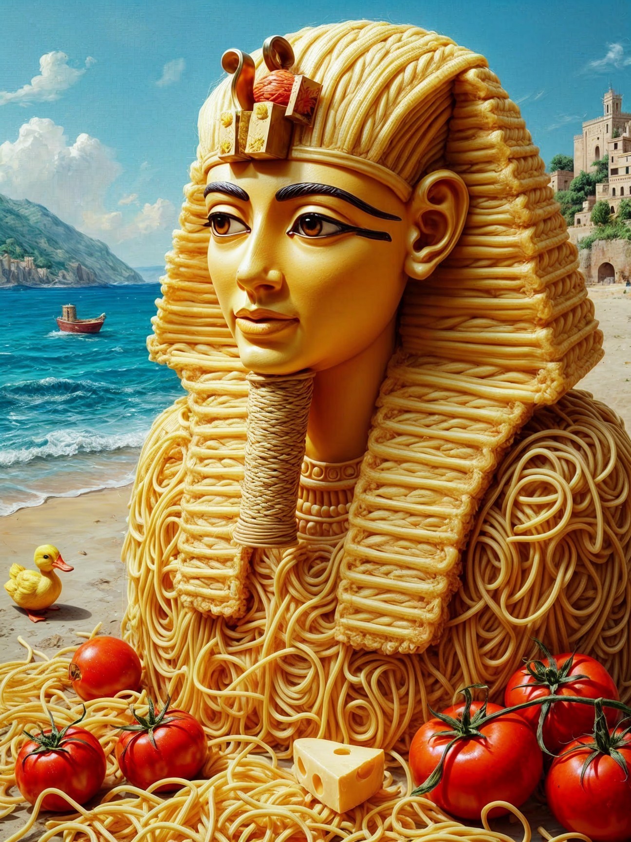 Whimsical Pharaoh Sculpture with Pasta and Beach Scene