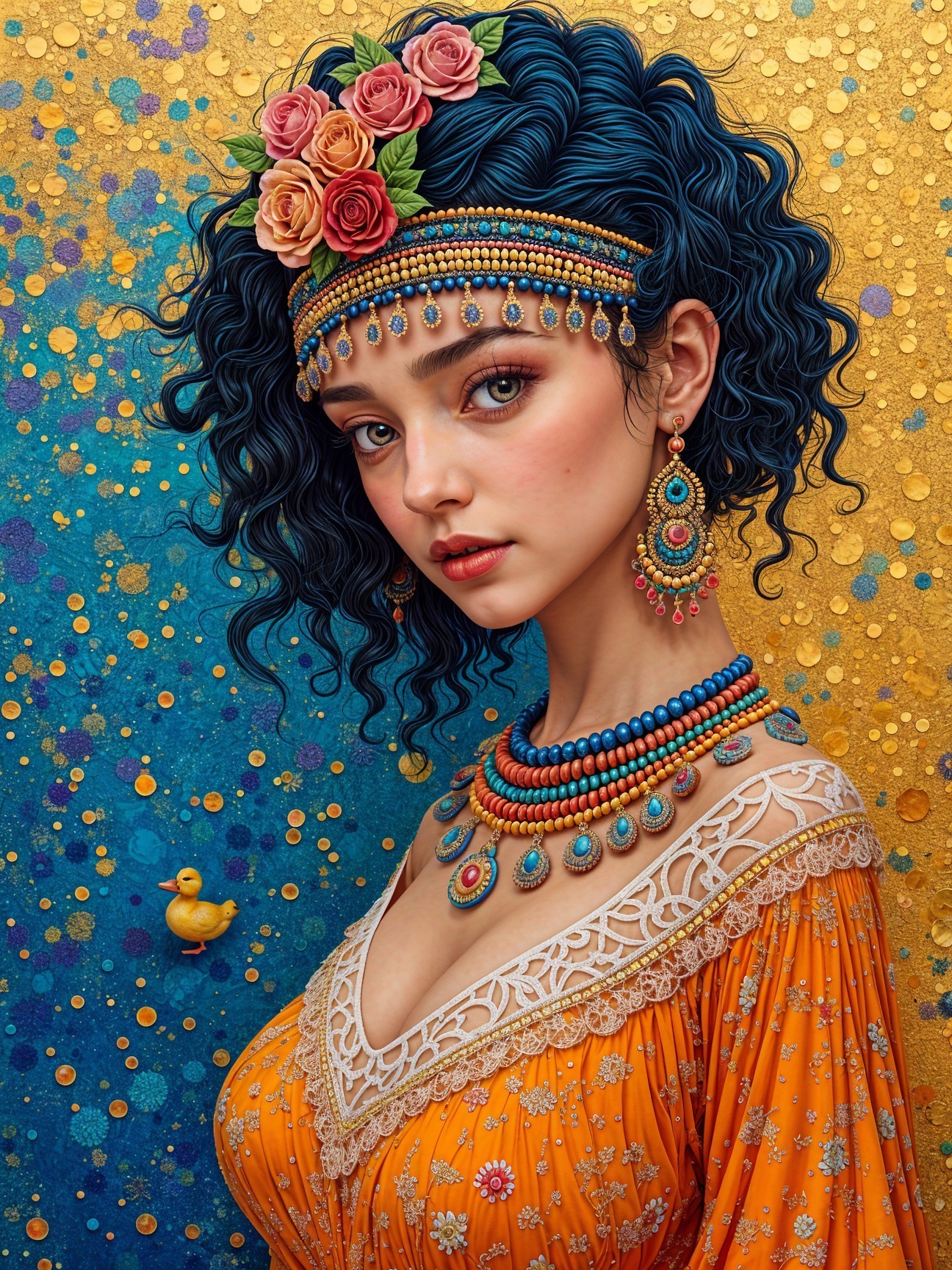 Young woman with blue hair in orange dress and flowers