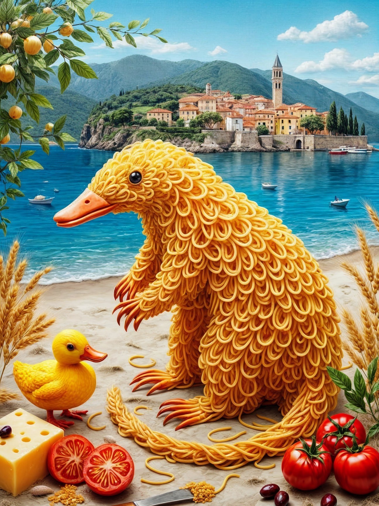 Whimsical Beach Scene with Pasta Creature and Produce