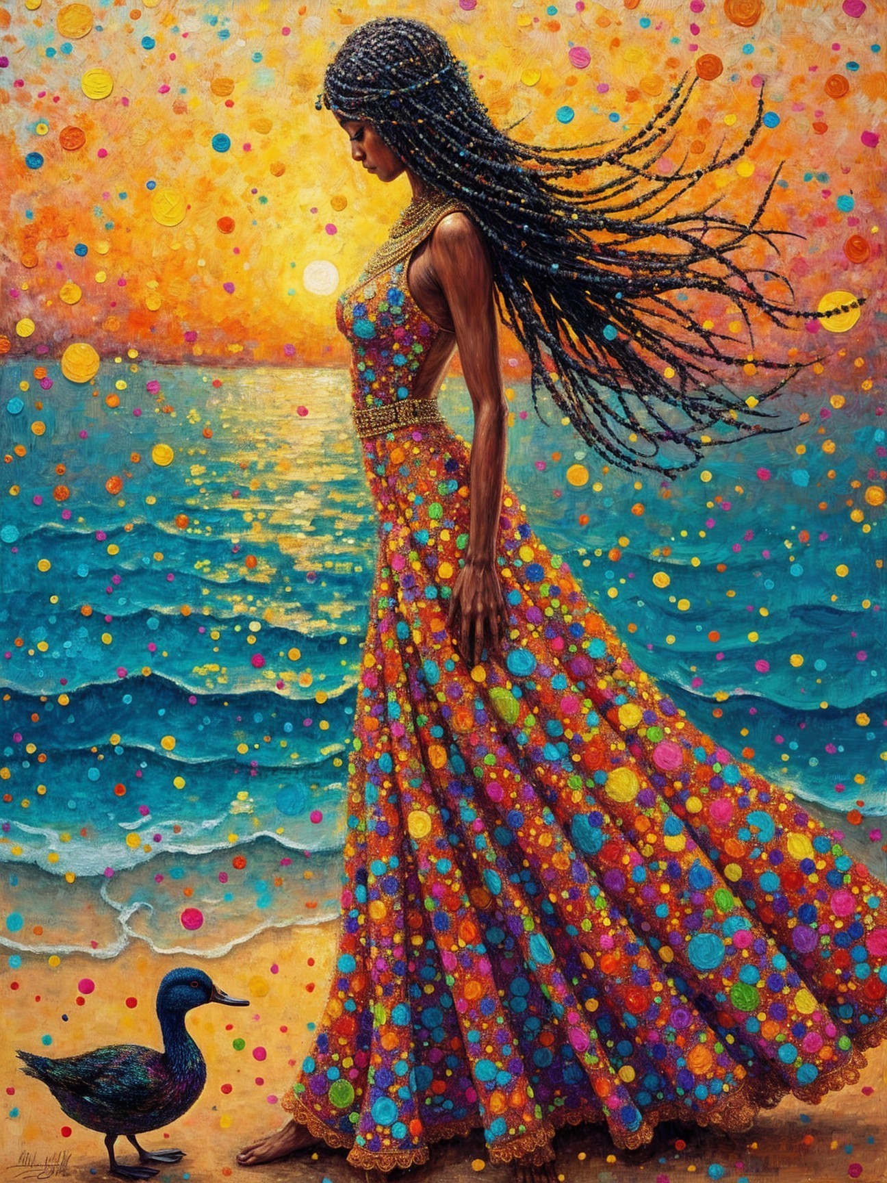 Woman in Polka-Dotted Dress by the Shore with Duck