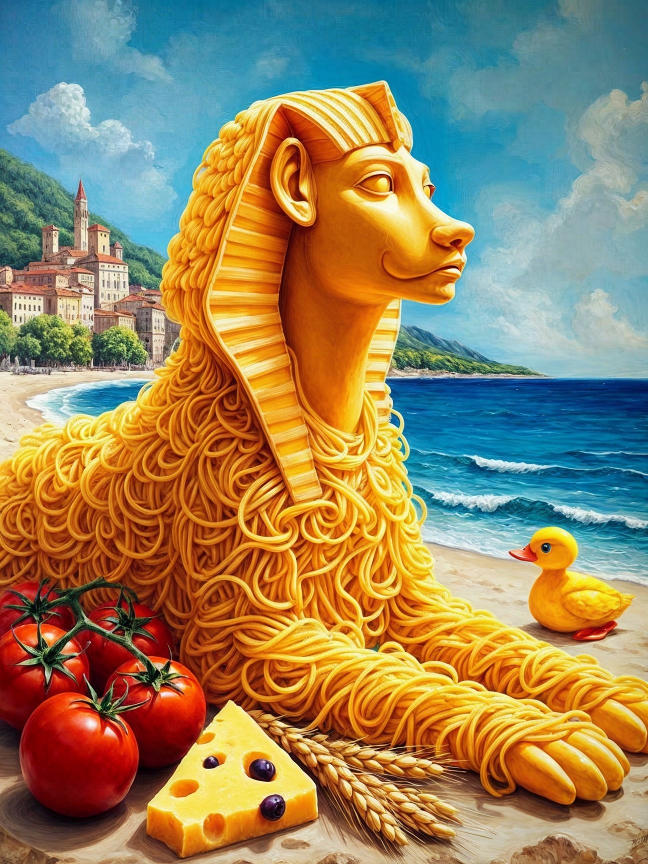 Surreal Scene with Pasta Sphinx and Beach Landscape