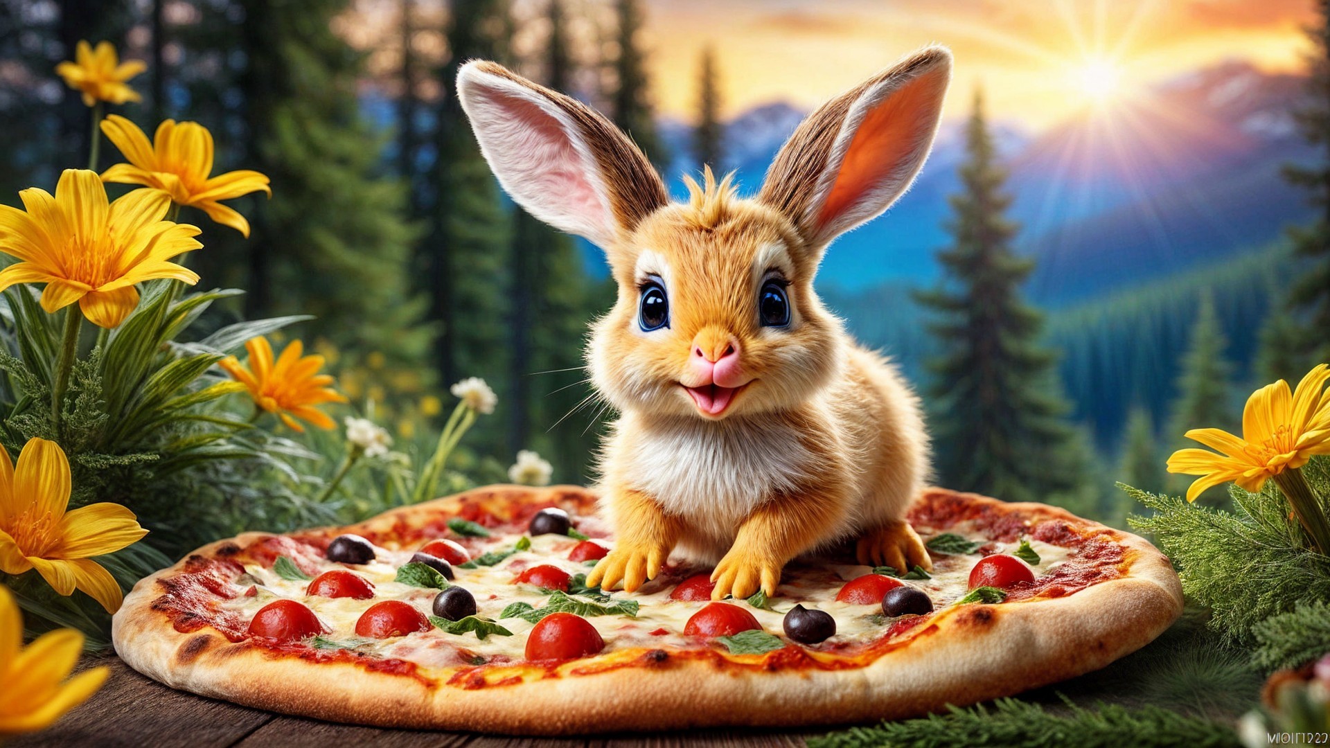 Cartoon Bunny on Pizza with Flowers and Mountains