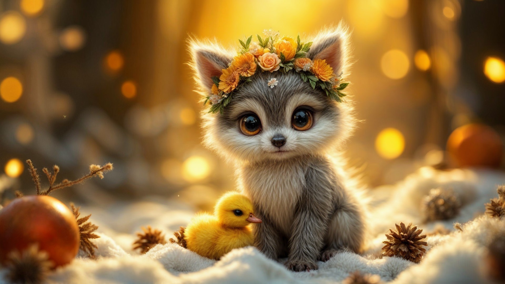 Fluffy Kitten with Flower Crown and Duckling in Snow
