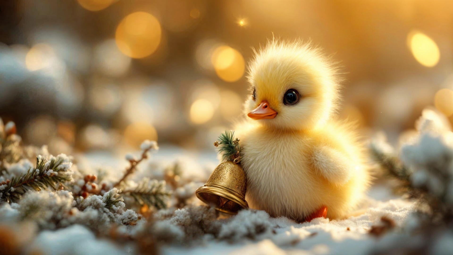 Fluffy Yellow Duckling in a Snowy Winter Scene