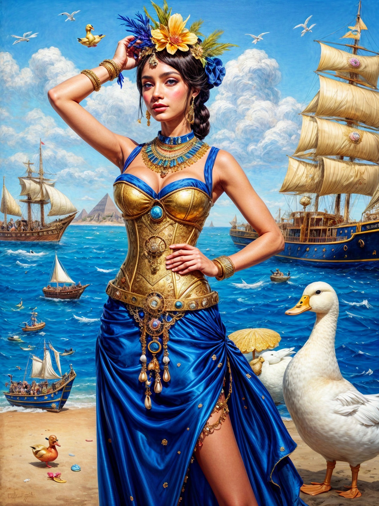 Elegant figure in blue gown by picturesque seaside
