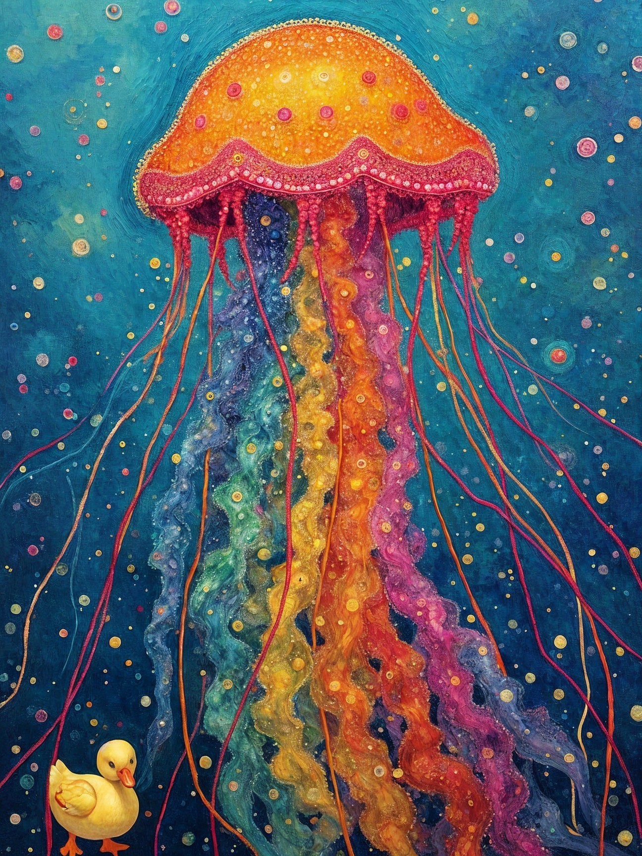 Vibrant Underwater Scene with Jellyfish and Duck