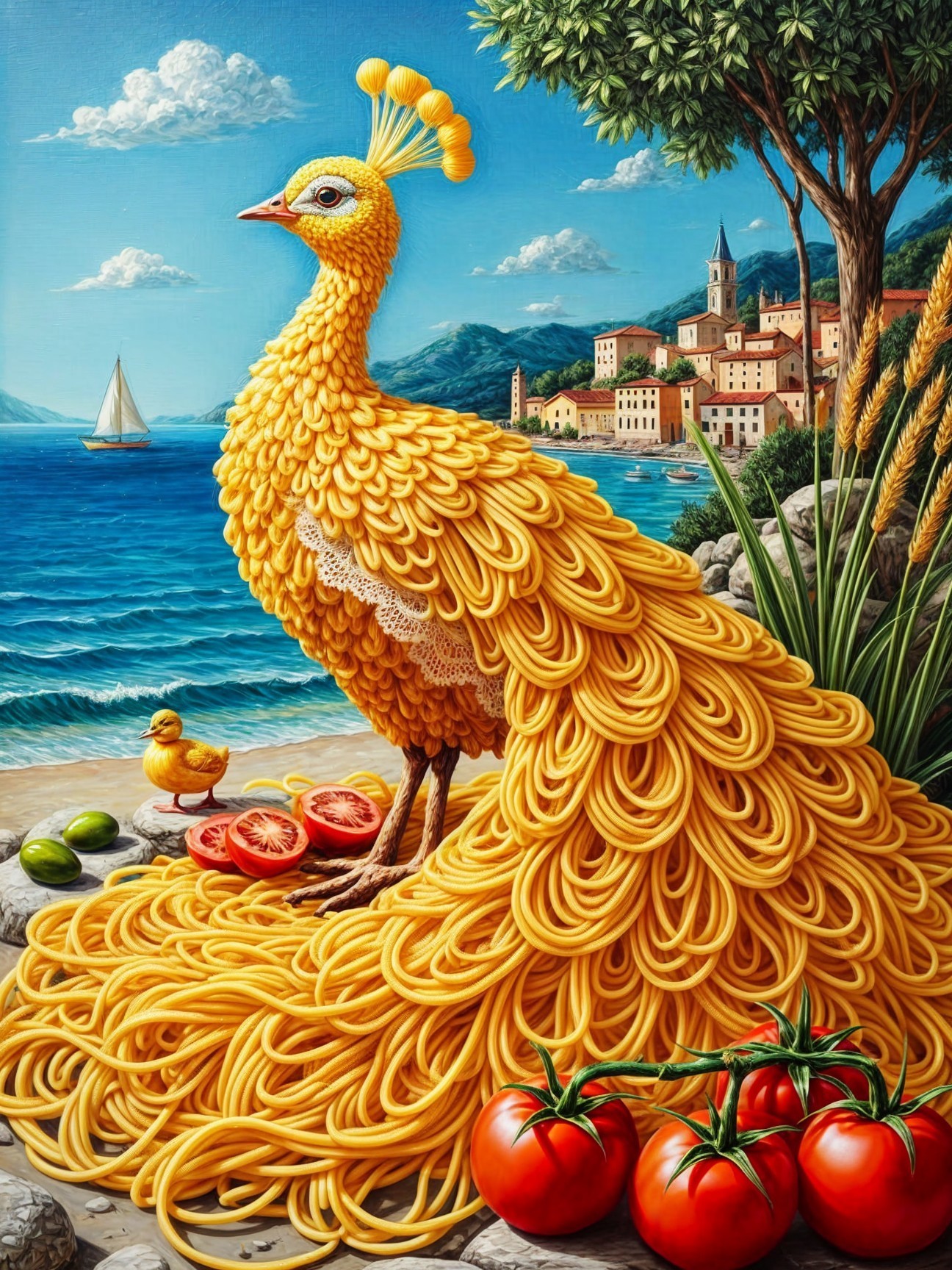 Whimsical Peacock with Spaghetti Plumage on Beach
