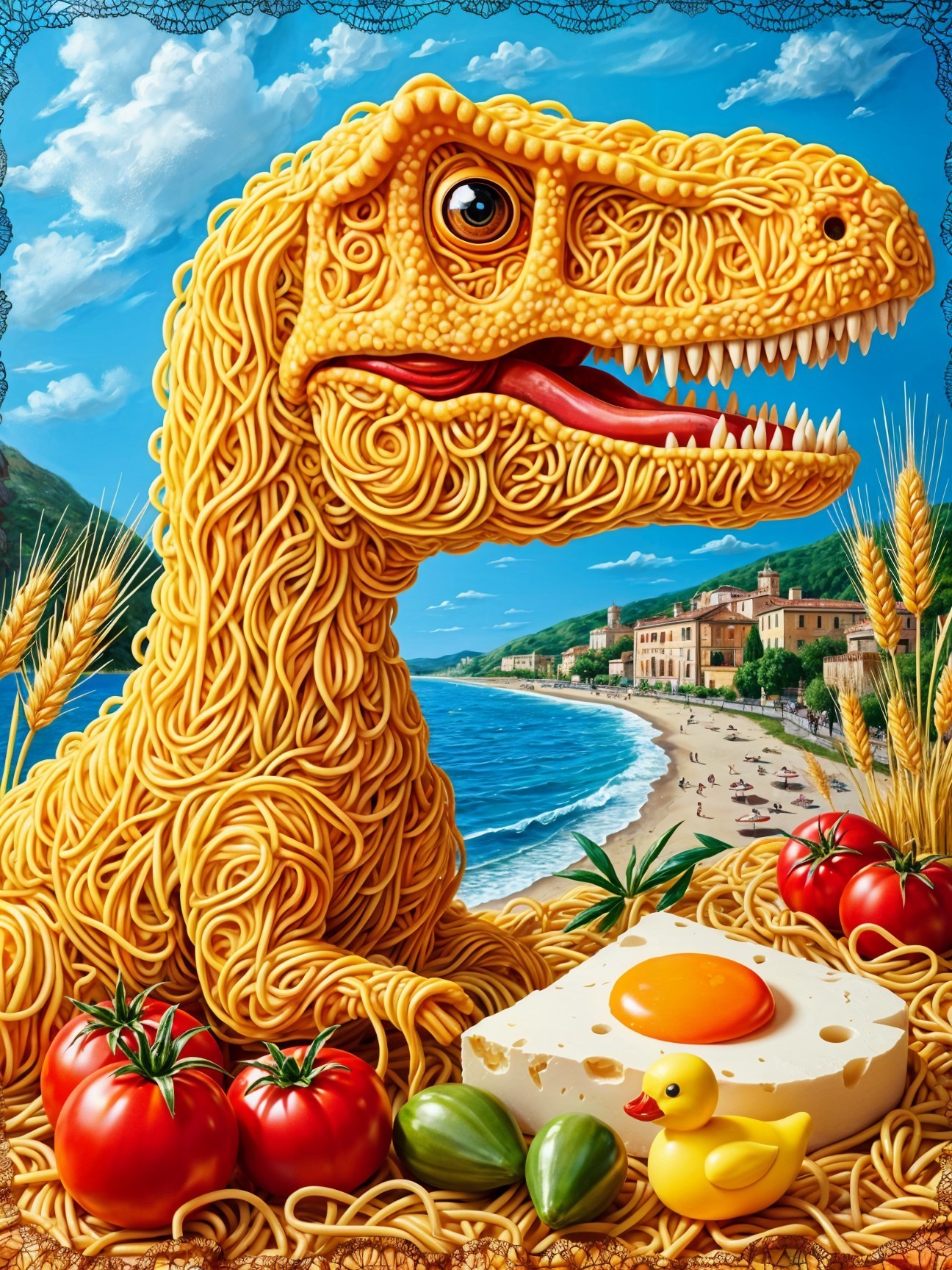 Pasta Dinosaur in a Colorful Beach Scene