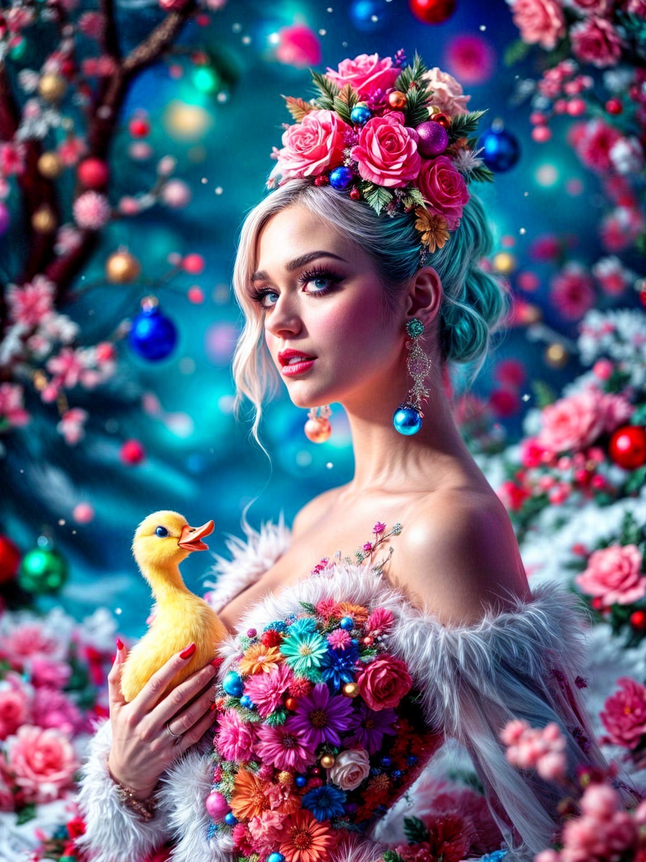 Glamorous figure with pastel hair and floral dress