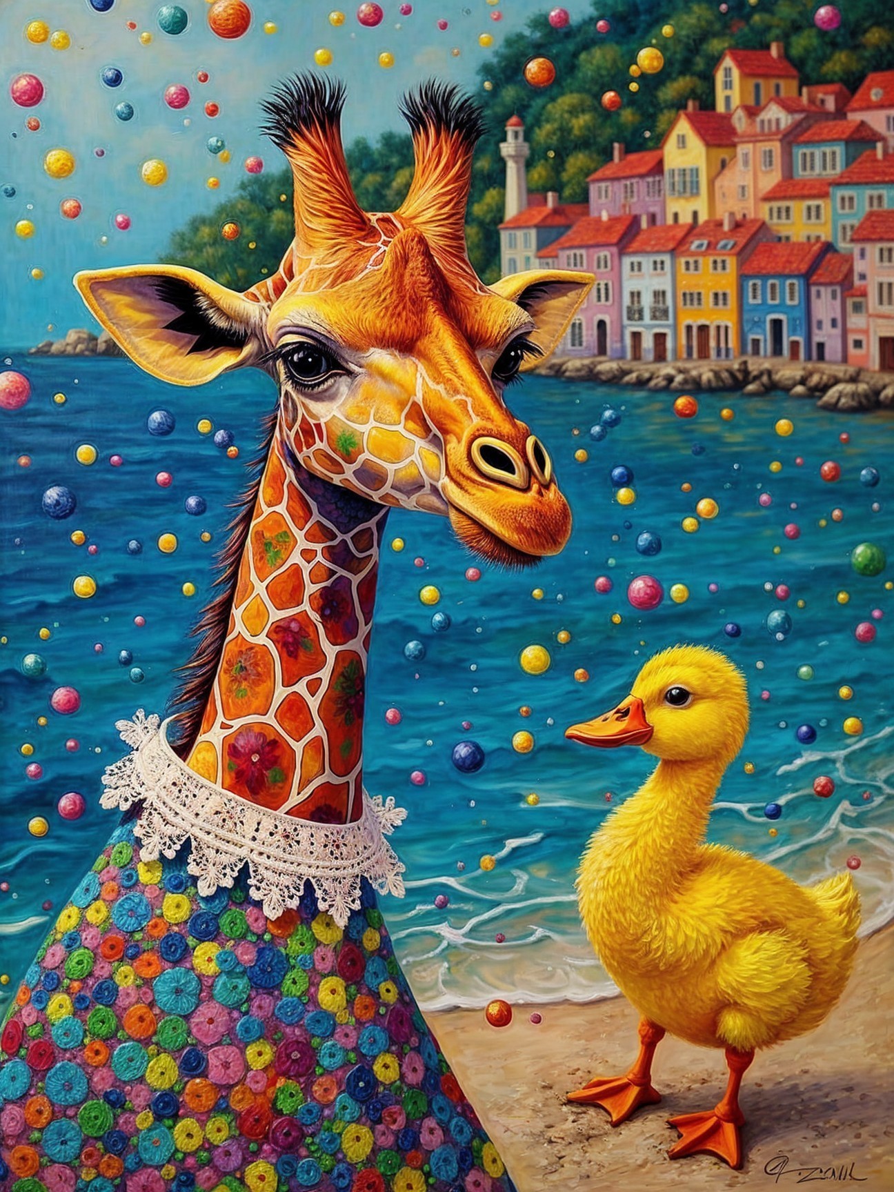 Colorful Giraffe and Duckling in Seaside Town Scene