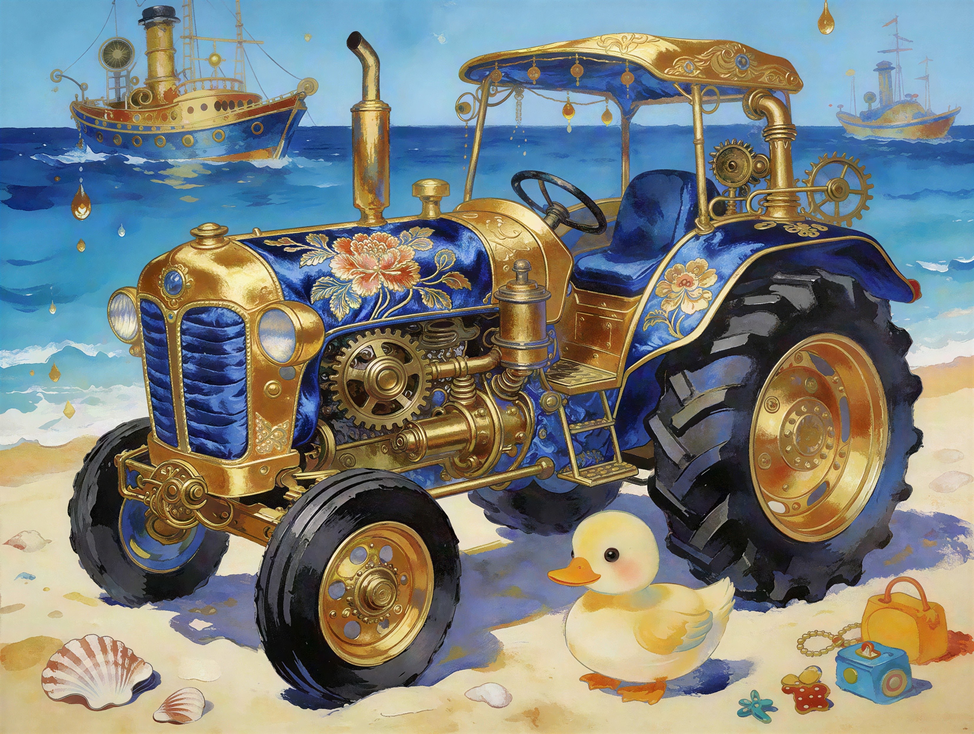 Steampunk Tractor Displayed on Beach with Ships
