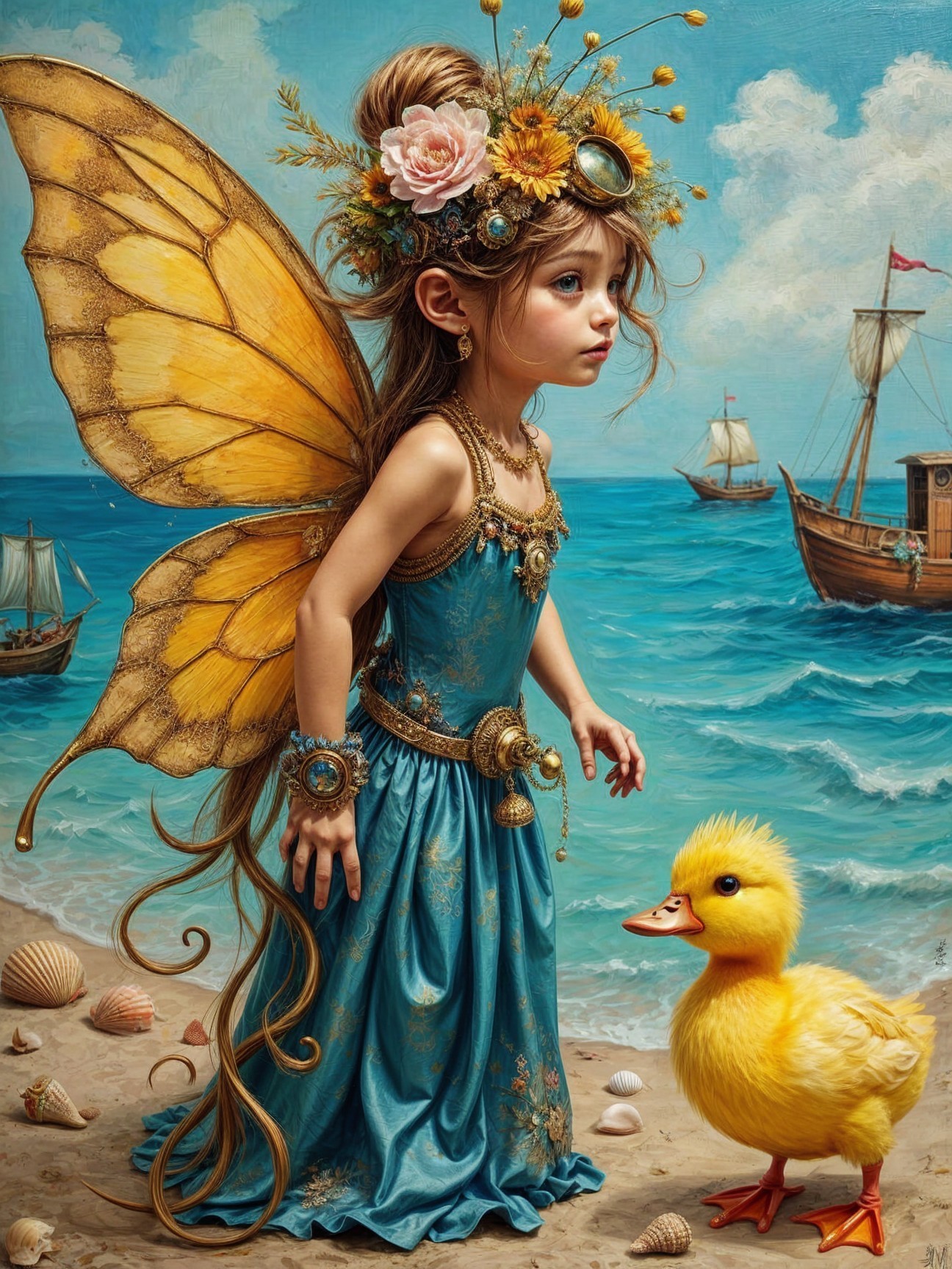 Whimsical Beach Scene with Girl and Duckling